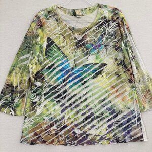 Jess & Jane Green Layered Textured Butter Fly Stretch‎ 3/4 Sleeve Top XL Artsy